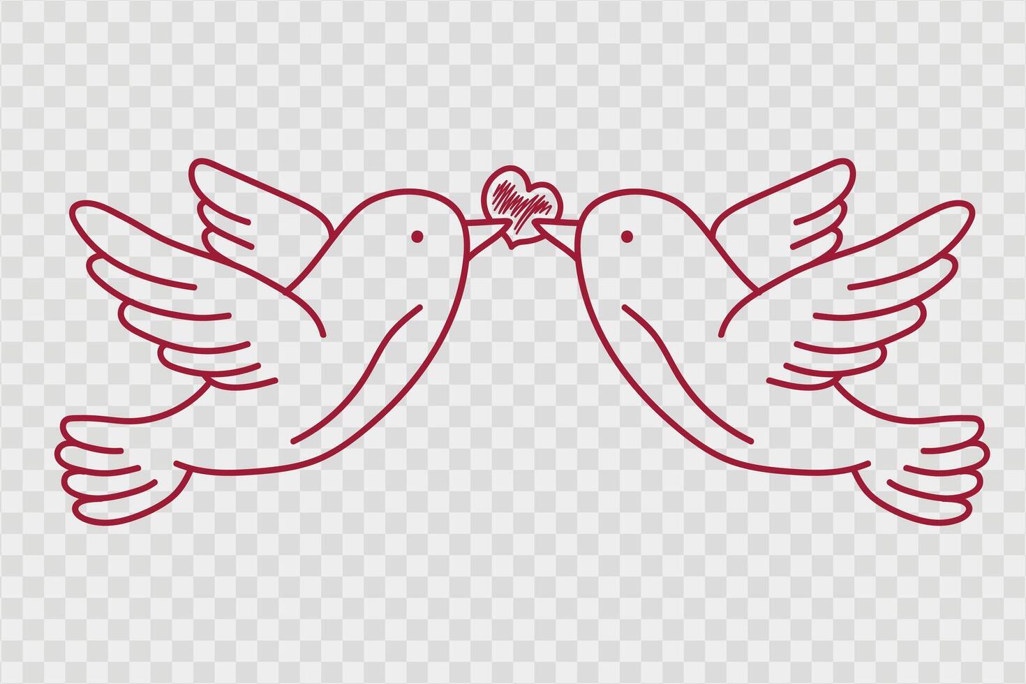 Two doves in flight holding a heart in their beaks, hand drawn in line. vector