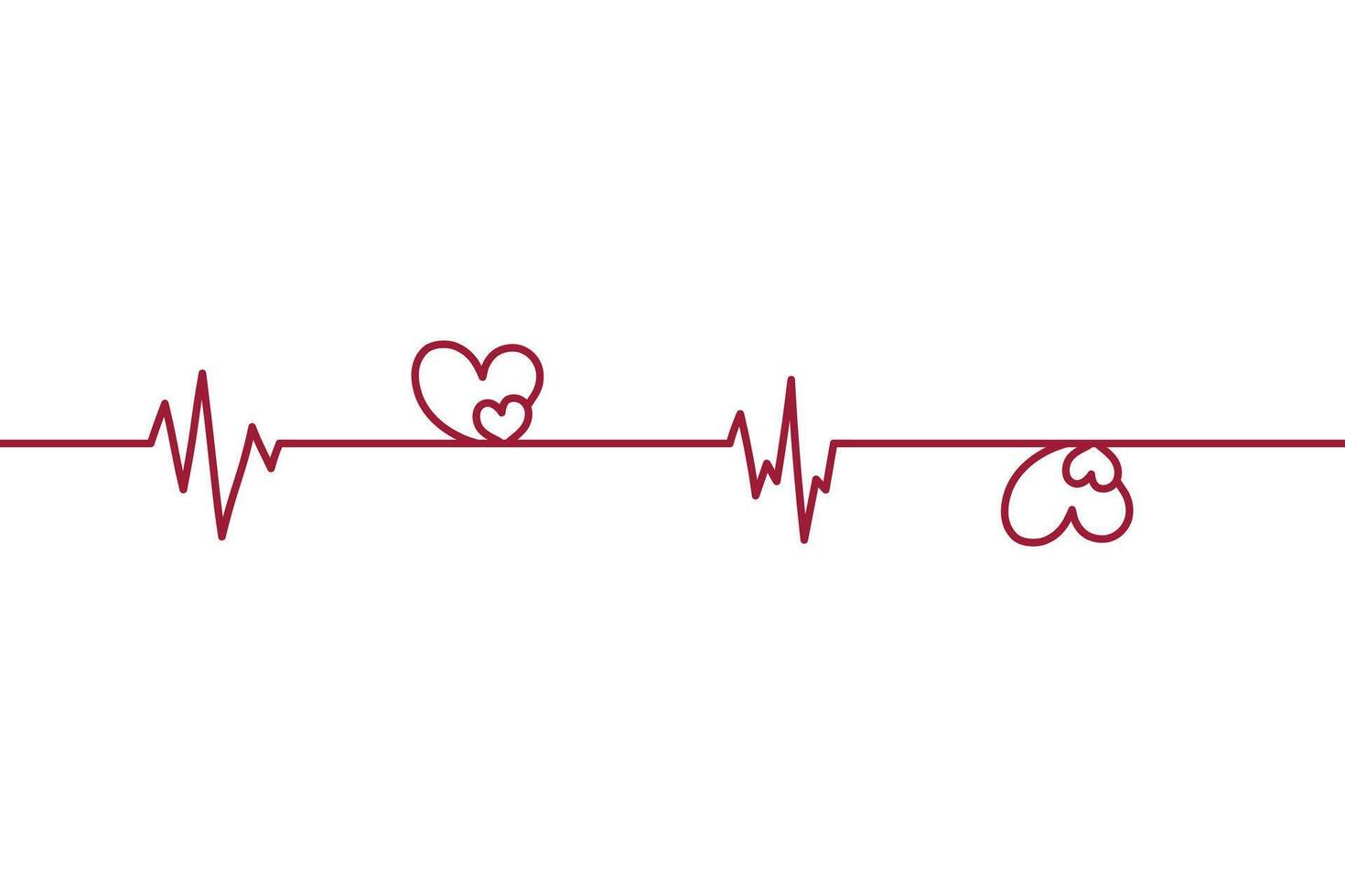 Heart pulse one line red cardiogram. Heartbeat cardiogram pulsation in the shape of two hearts vector