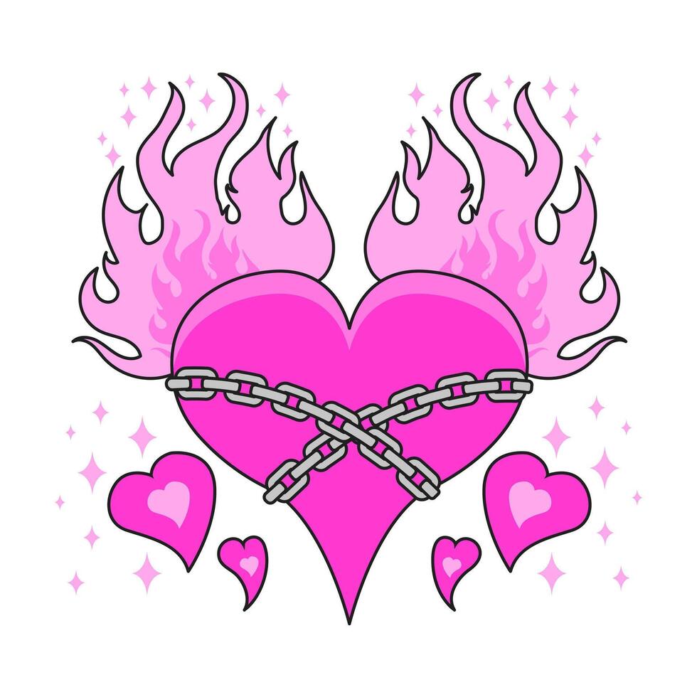 Gothic pink Hearts with Chains and Flames. Emo goth aesthetic element. Illustration vector