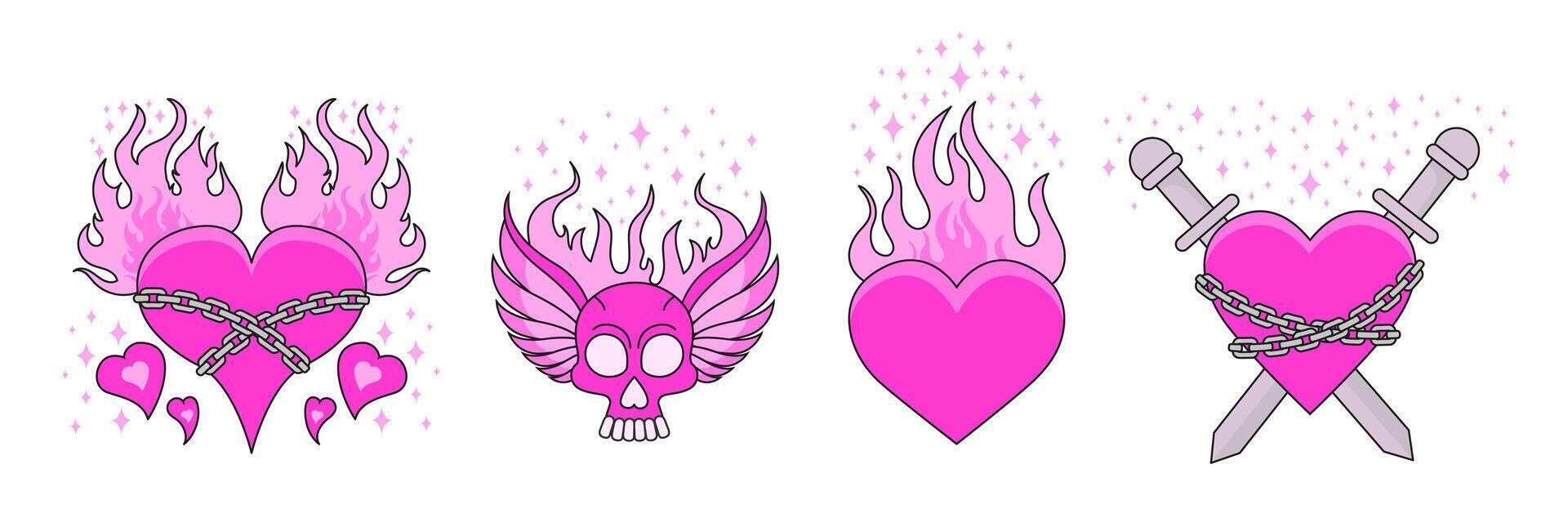 Set of Gothic Hearts with Chains, Wings, Swords, scull and Flames. Emo goth aesthetic elements. Illustration vector