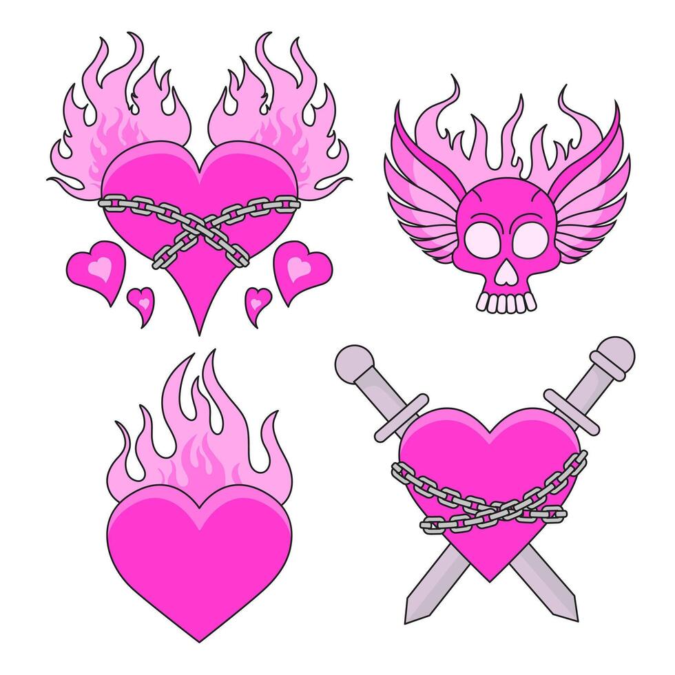 Set of Gothic pink Hearts with Chains, Wings, Swords, scull and Flames. Emo goth aesthetic elements. Illustration vector