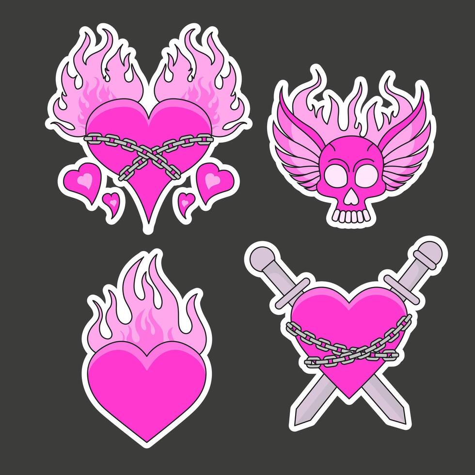 Set of Gothic Hearts with Chains, Wings, Swords, scull and Flames. Emo goth aesthetic stickers, tattoo art. Illustration vector
