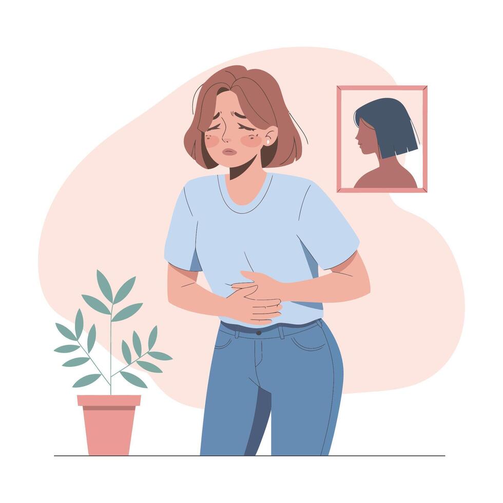 Sad Woman Experiencing Stomach Ache in a Stylish Interior vector