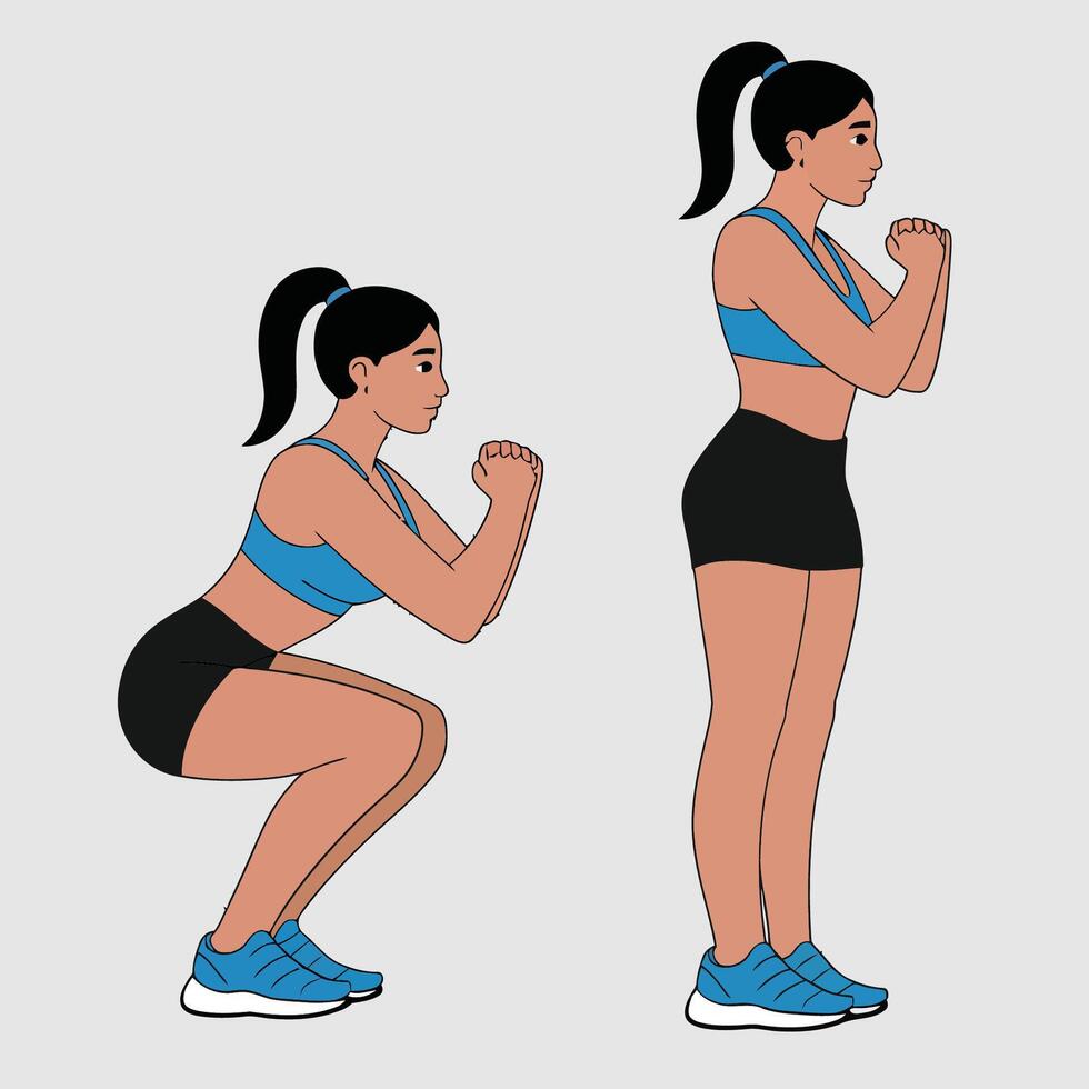 Woman Performing a Squat Exercise, Step-by-Step Illustration vector