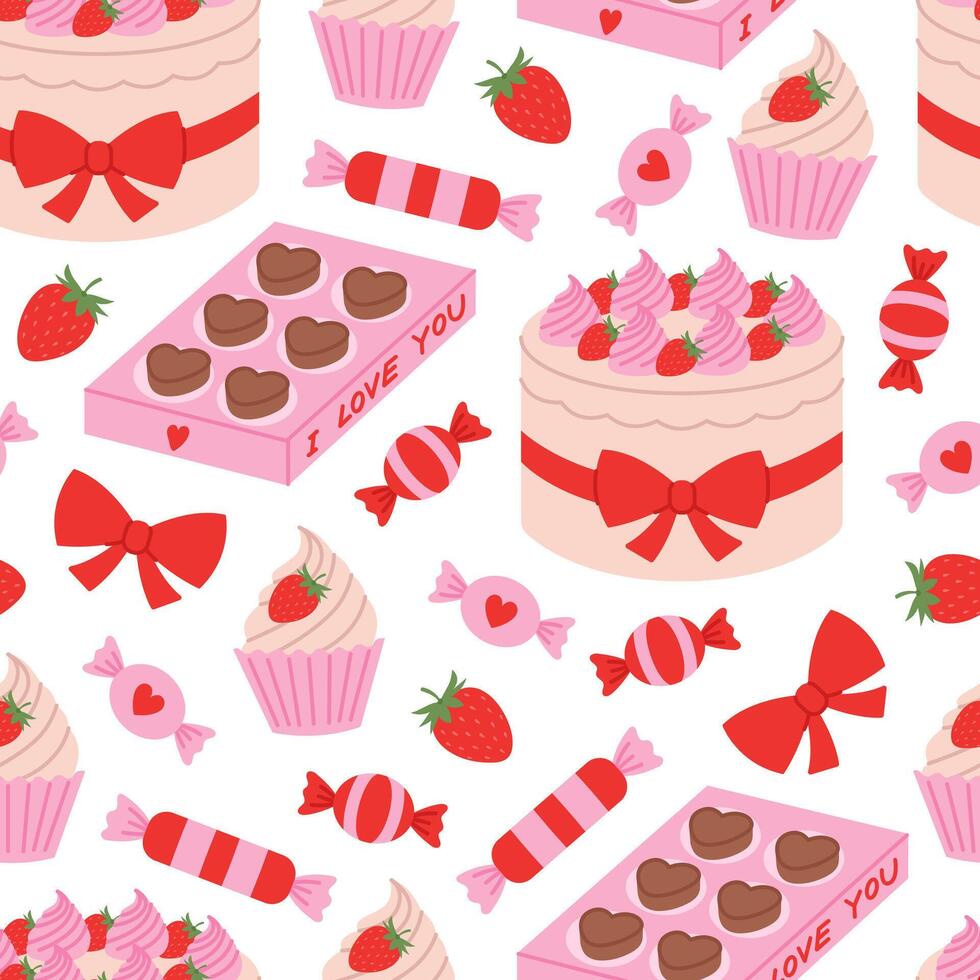 Seamless pattern with cute sweets on white background. Romantic desserts. Valentines day print with cakes, cupcakes, candies and strawberries. Flat illustration for wallpaper, packaging vector