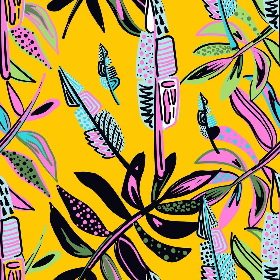 Eye-catching tropical pattern with colorful leaves and scattered dots. Perfect for fabric, paper, or digital projects with a summer vibe. vector