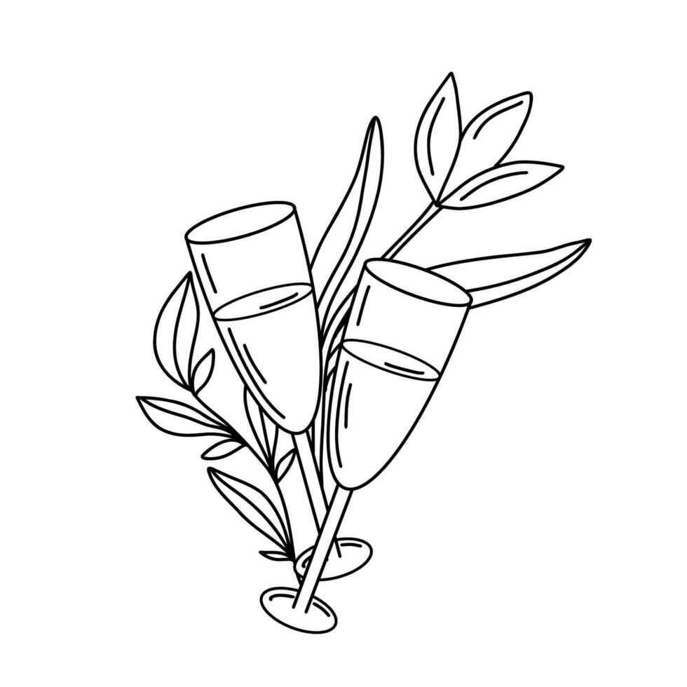 Hand drawn illustration of two champagne glasses with leaves and tulip flower. Black and white line art style. Suitable for invitations, greeting cards, menus, posters, prints, and decorations vector