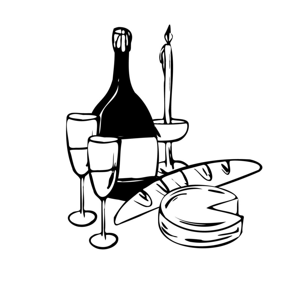 Hand drawn illustration of dinner composition with a bottle, two wine glasses, a candle, bread, and cheese. Black and white line art style for menu, invitation, posters, prints, and decorations vector