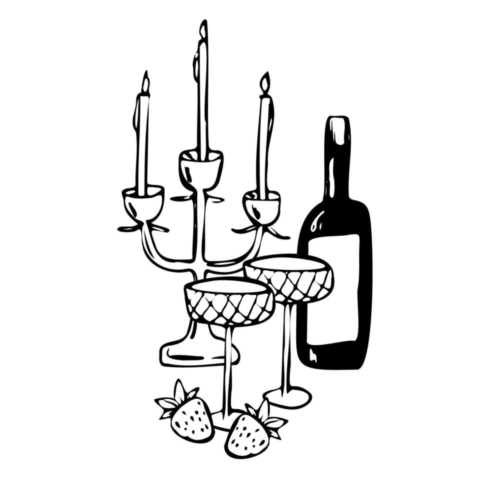 Minimalistic hand drawn line art illustration of a wine bottle, candelabra with candles, strawberry and elegant glasses. Perfect for romantic, festive, dinner themed projects or invitations vector