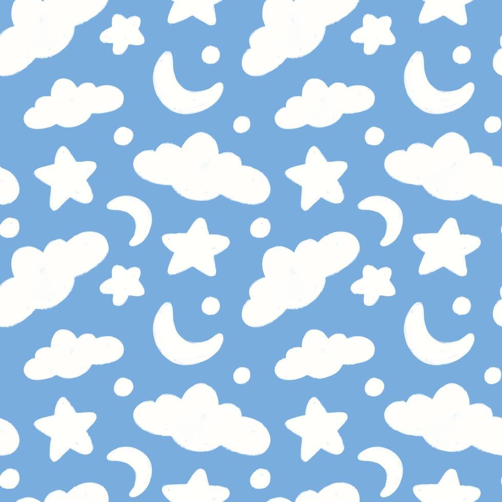 hand drawn seamless pattern with cute clouds, stars, moons, and big dots. perfect for baby decoration, wrapping paper, wallpaper, fabric, and prints. vector
