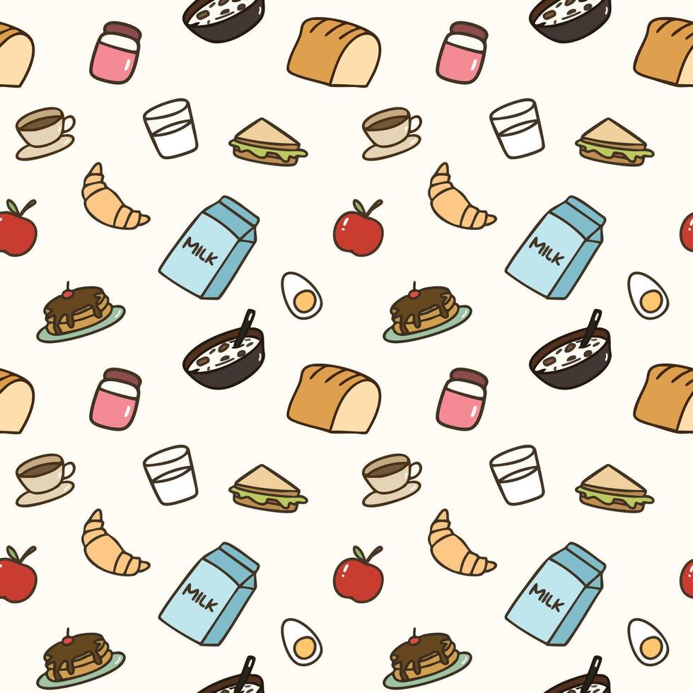 hand drawn colorful seamless pattern with breakfast food illustration for prints, wallpaper, wrapping paper. vector