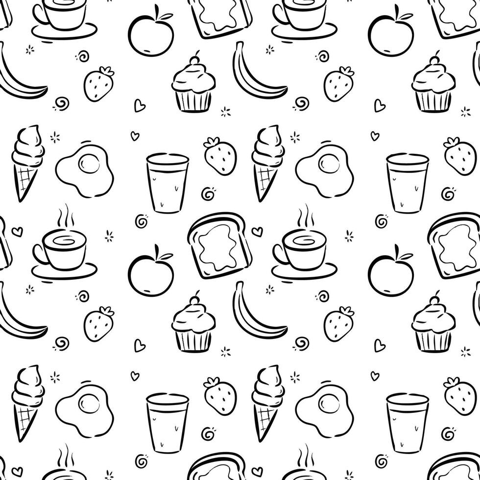 hand drawn line art doodle seamless pattern with breakfast food for wallpaper, prints, wrapping paper vector
