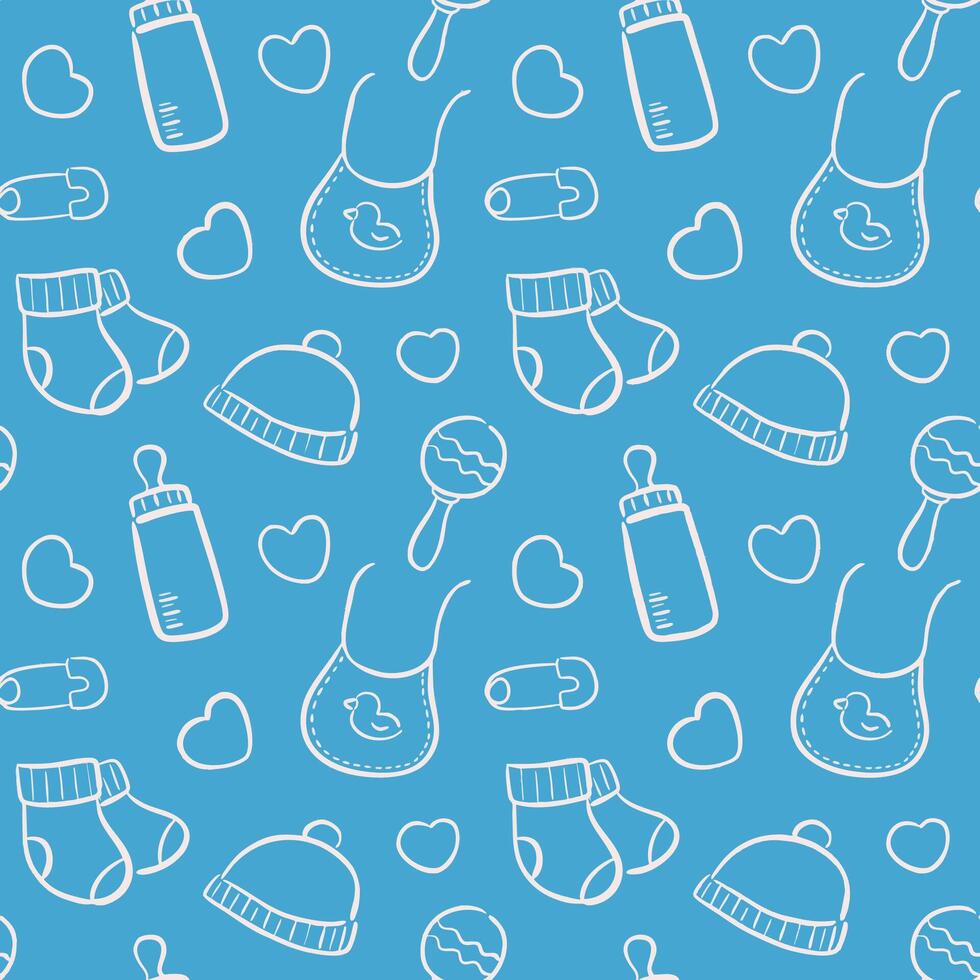 outline white seamless pattern with cute baby stuffs illustration on blue background. perfect for wallpaper, wrapping paper, gift paper, and prints vector