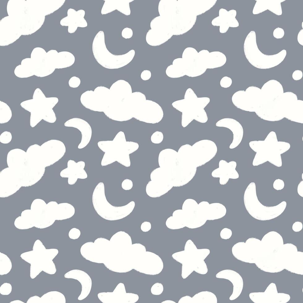 cute seamless pattern in hand drawn style with clouds, stars, moons, and big dots. perfect for baby decoration, wrapping paper, wallpaper, fabric, and prints. vector