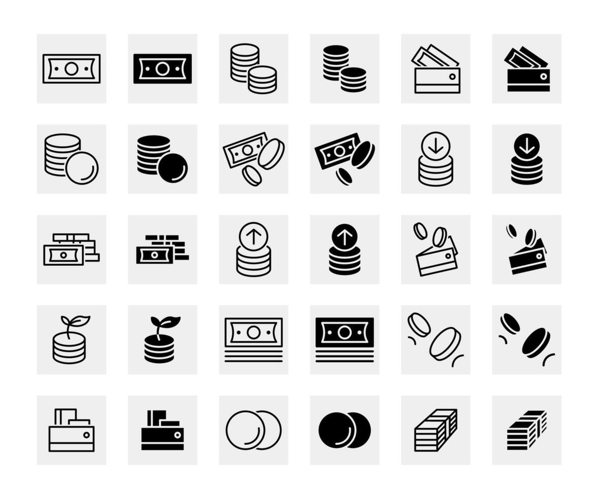 Finance icon set. Money cash and coins symbols. Dollar and cent sign. Pile of coins and stack of money pictogram. Savings and investment illustration. vector