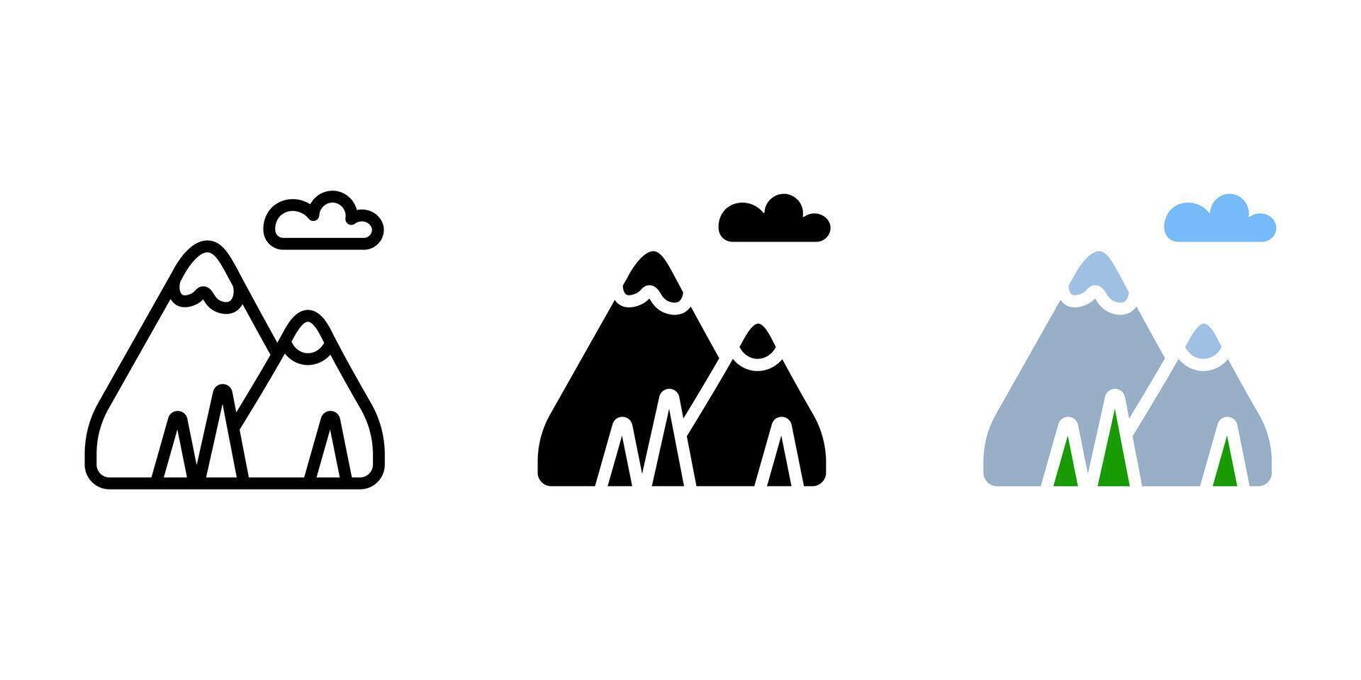 Mountain travel icon. Hiking and climbing to the peak sign. Downhill skiing symbol. Nature landscape illustration. vector
