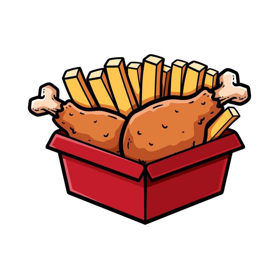 bunch of fried chicken leg and french fries cartoon colored isolated drawing line art style sketch classic vintage design illustration vector