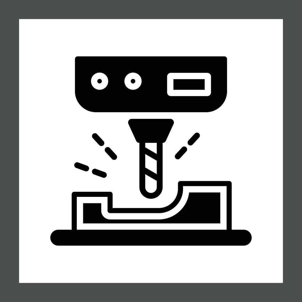 A black and white icon depicting a drilling machine with a drill bit engaged in a workpiece vector