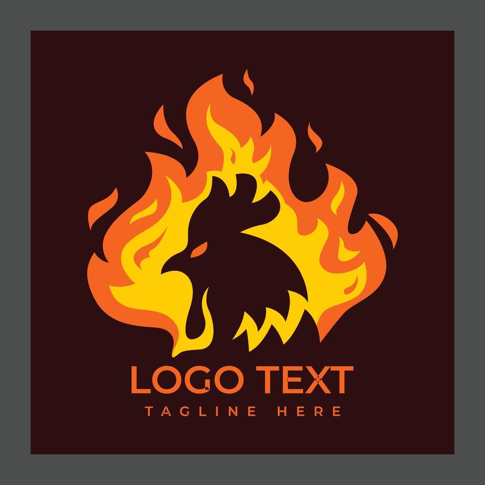A stylized logo featuring a black silhouette of a rooster's head surrounded by vibrant orange and yellow flames vector