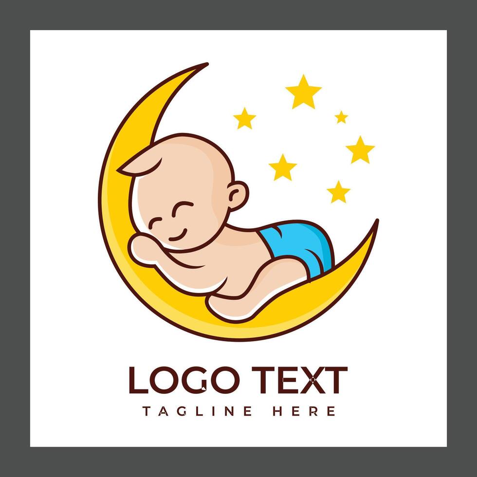 A cartoon baby with light skin and short hair is sleeping on a yellow crescent moon vector