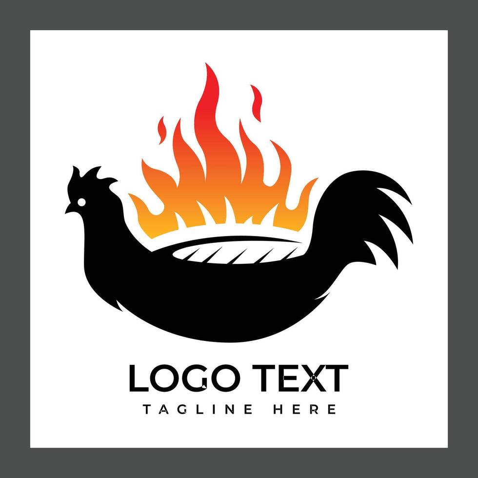 A stylized logo featuring a black silhouette of a chicken with flames in shades of orange and red above it vector