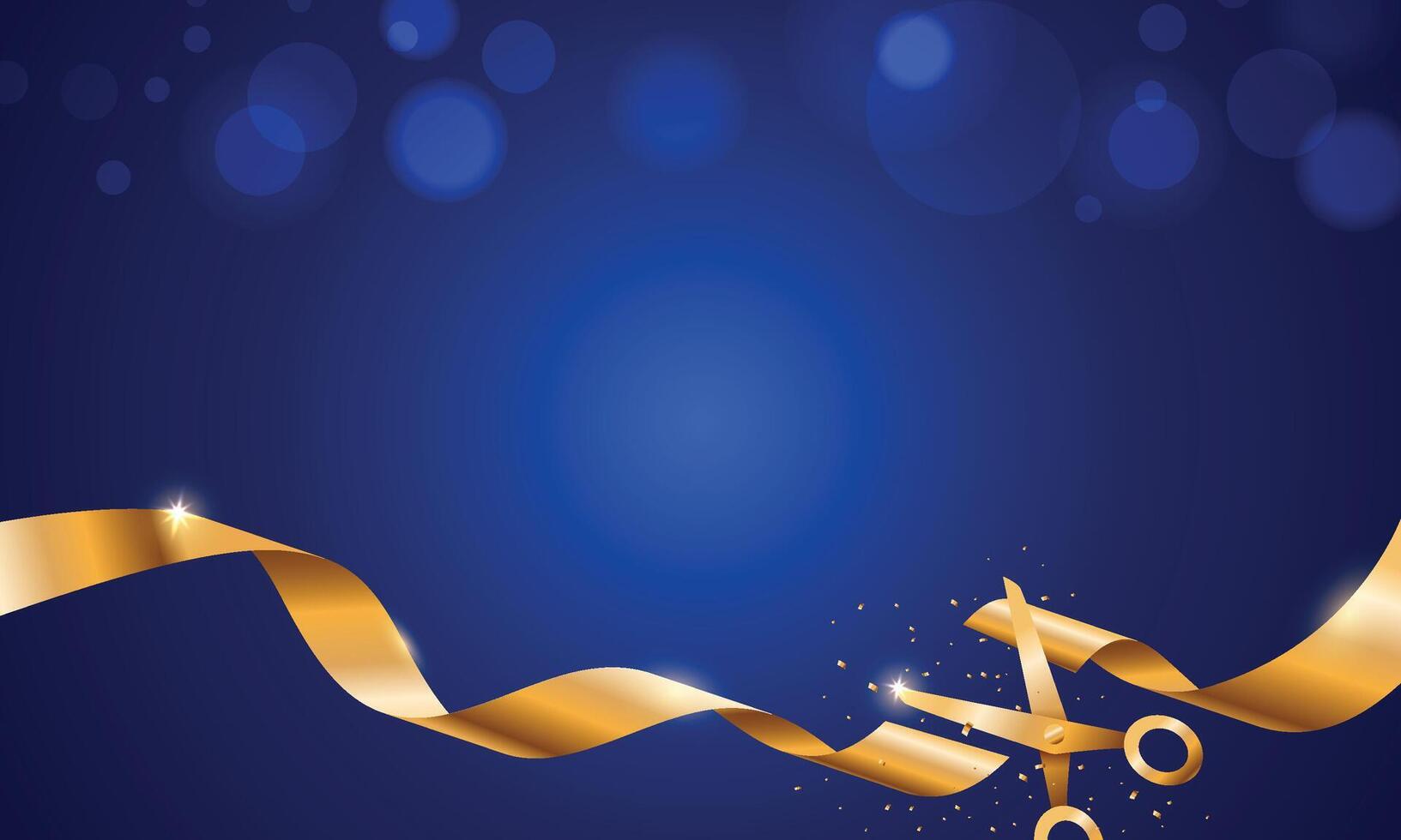 Blue grand opening background with ribbon cutting and bokeh. Modern elegant promotional design. vector