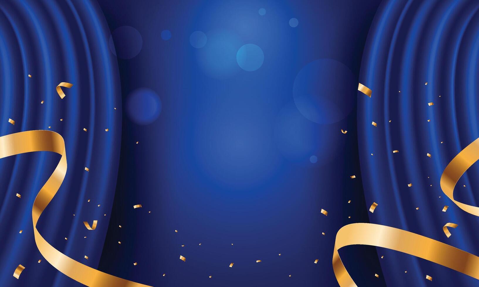 Blue grand opening background with ribbon and curtain. Modern elegant promotional design. vector