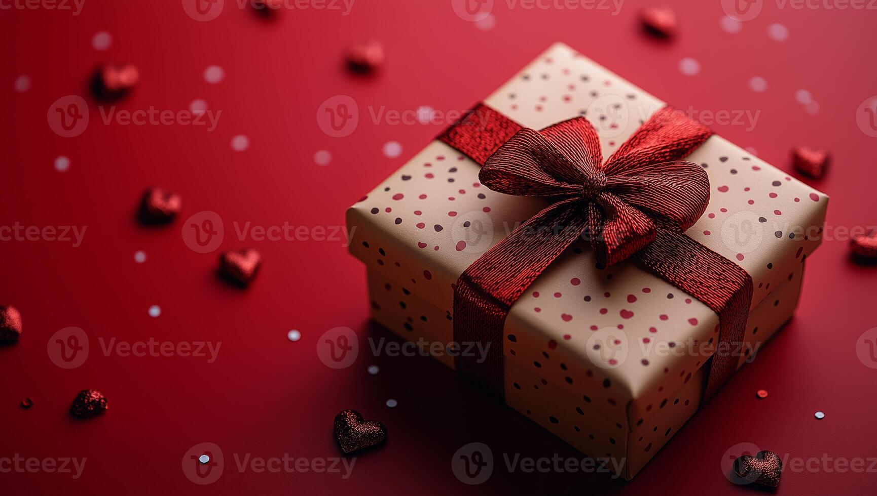 Dotted Cream Gift Box with Red Ribbon on a Heart-Adorned Background photo