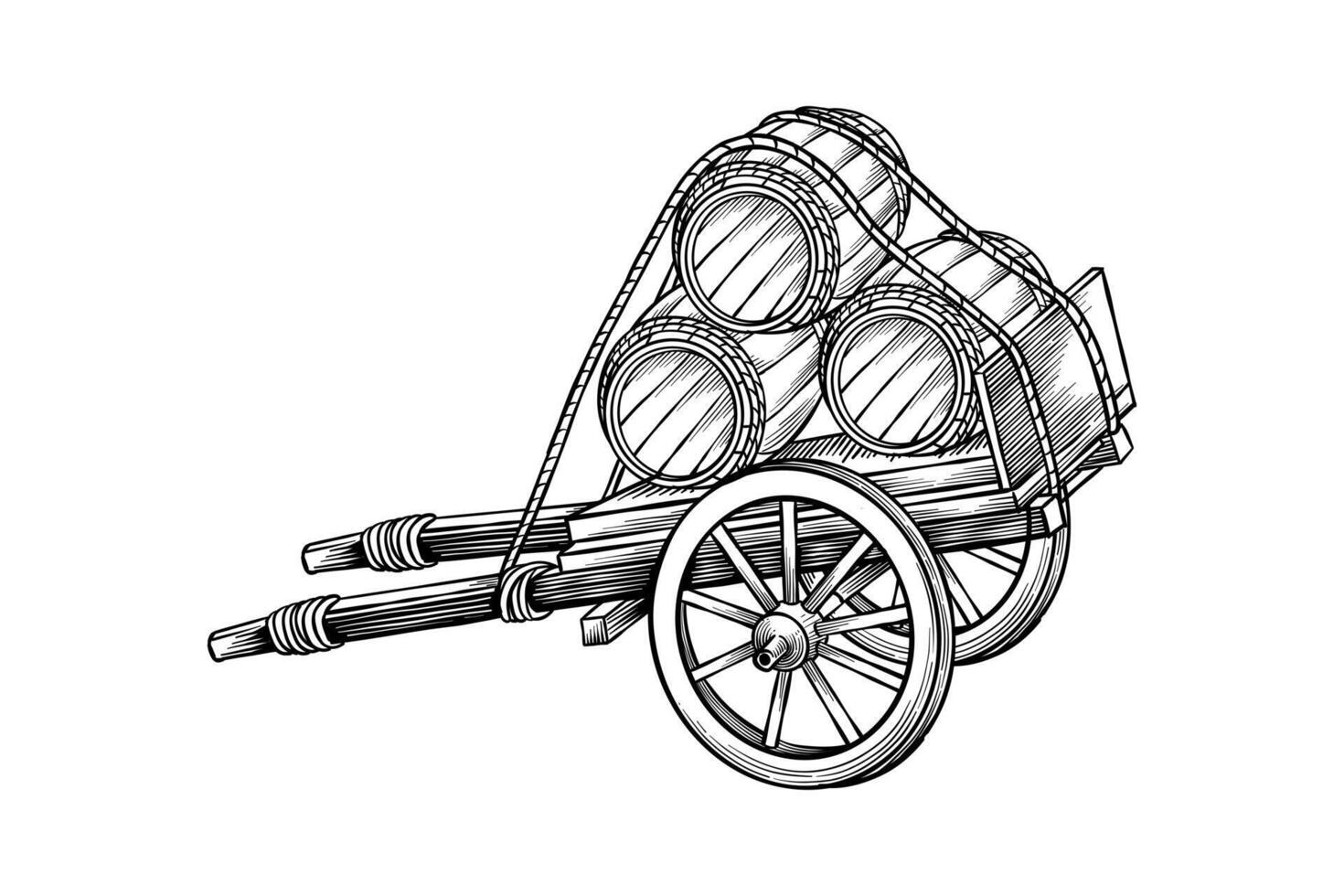 black and white illustration of cart carrying barrels vector