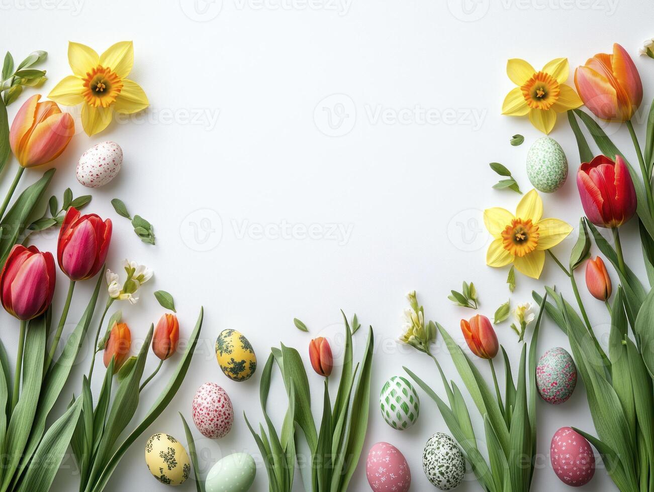 A Minimalist Celebration of Spring Colorful Tulips, Vibrant Flowers, and Decorative Eggs Framing a Festive Scene for Easter and Chinese New Year Decorations photo