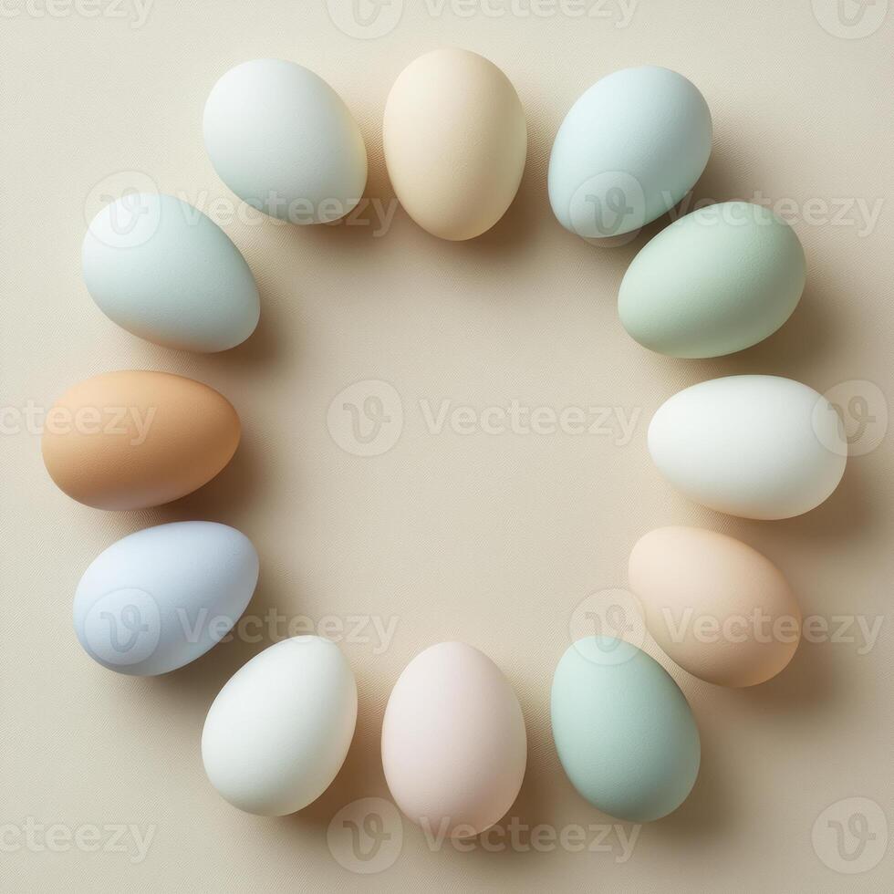 Aesthetic Arrangement of Pastel Eggs in a Circular Pattern, Perfect for Celebrating Festivals Like Easter or Chinese New Year in a Minimalist Style photo