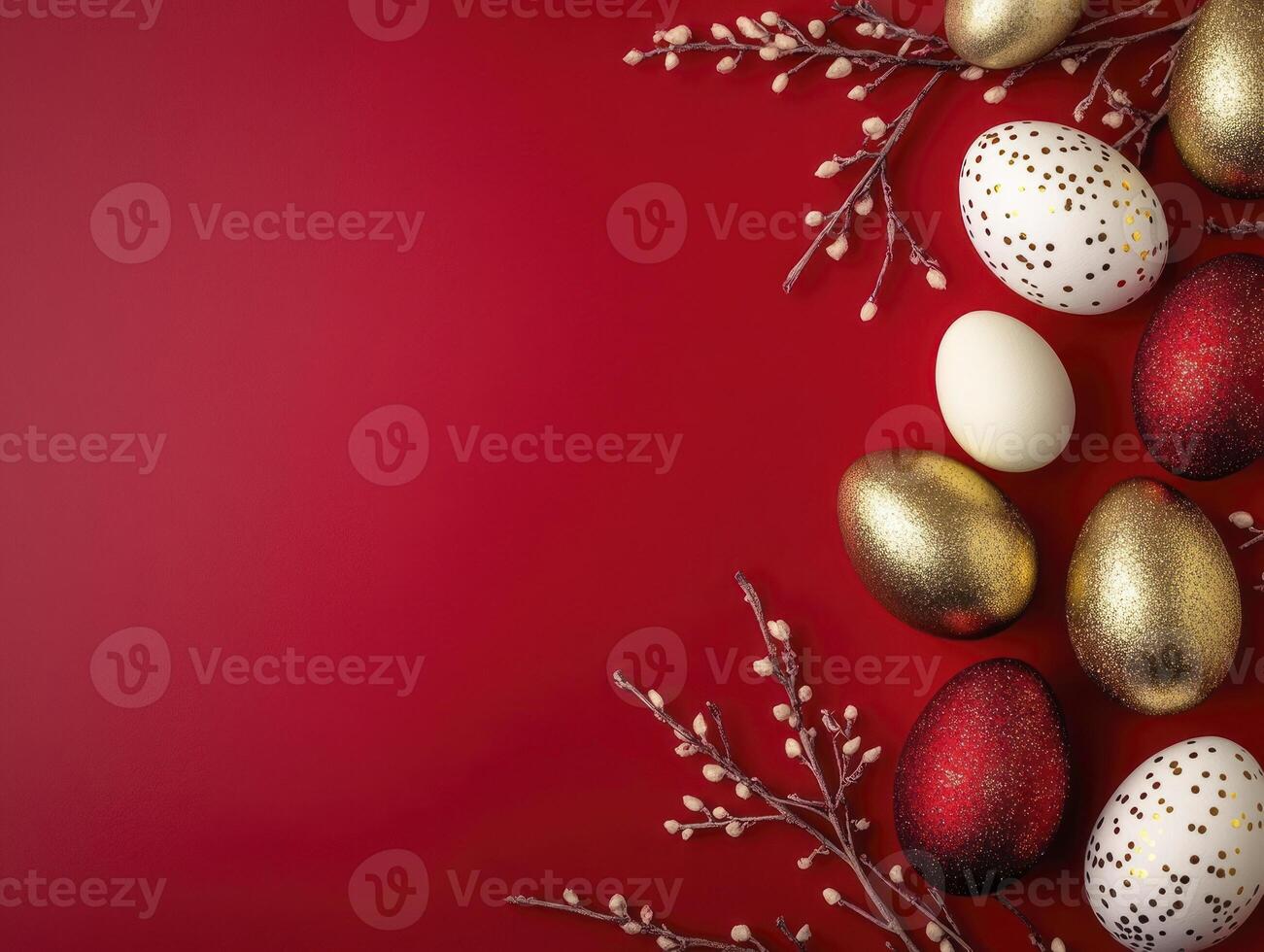 Elegant Minimalist Easter Decoration with Golden, Red, and White Eggs Arranged on a Red Background with Floral Accents for Celebrating Spring and Chinese New Year photo