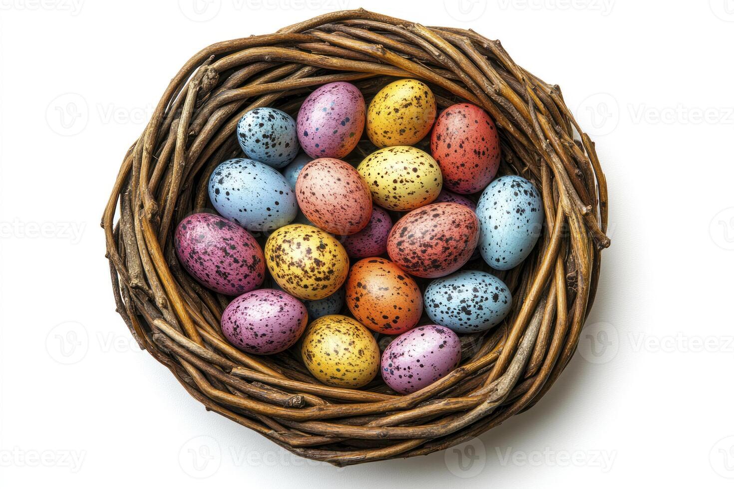 Colorful Speckled Eggs in a Nest A Minimalist Approach to Celebrate Easter, Chinese New Year, and Spring Festivities with Simple Decorations photo