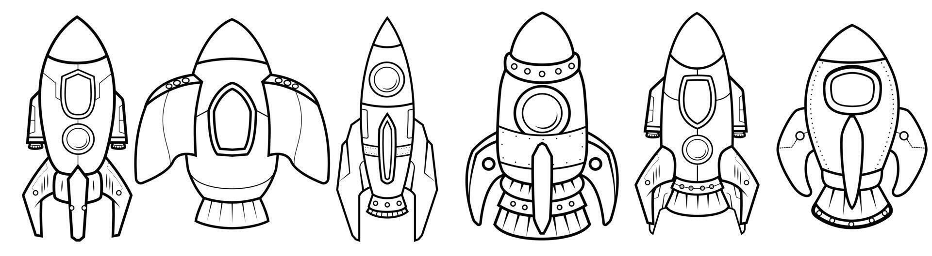 Set of Black and white Rocket Science galaxy for launch galaxy astronomy astronaut universe Kids coloring page, drawing, art, flash card. Color cartoon character clipart. vector