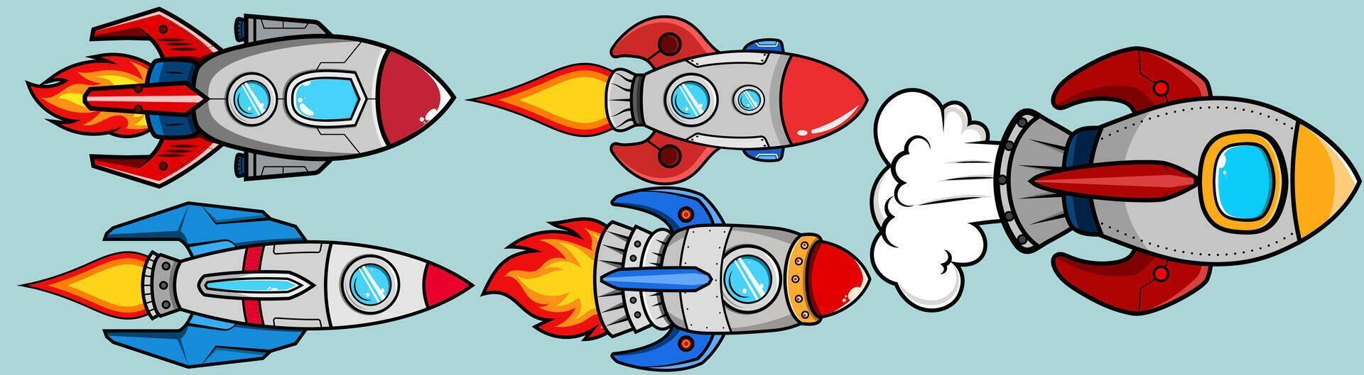 Set of Rocket Space for launch galaxy astronomy astronaut universe Kids coloring page, drawing, art, first word, flash card. Color cartoon character clipart. vector