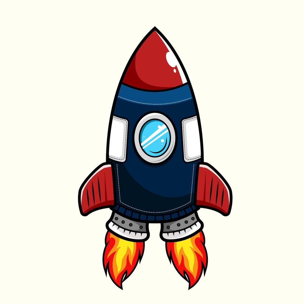 Cartoon rocket science ship galaxy taking off in the sky with fire and clouds for a successful business or startup launch logo, icon, sticker, symbol, emblem and tshirt design. vector