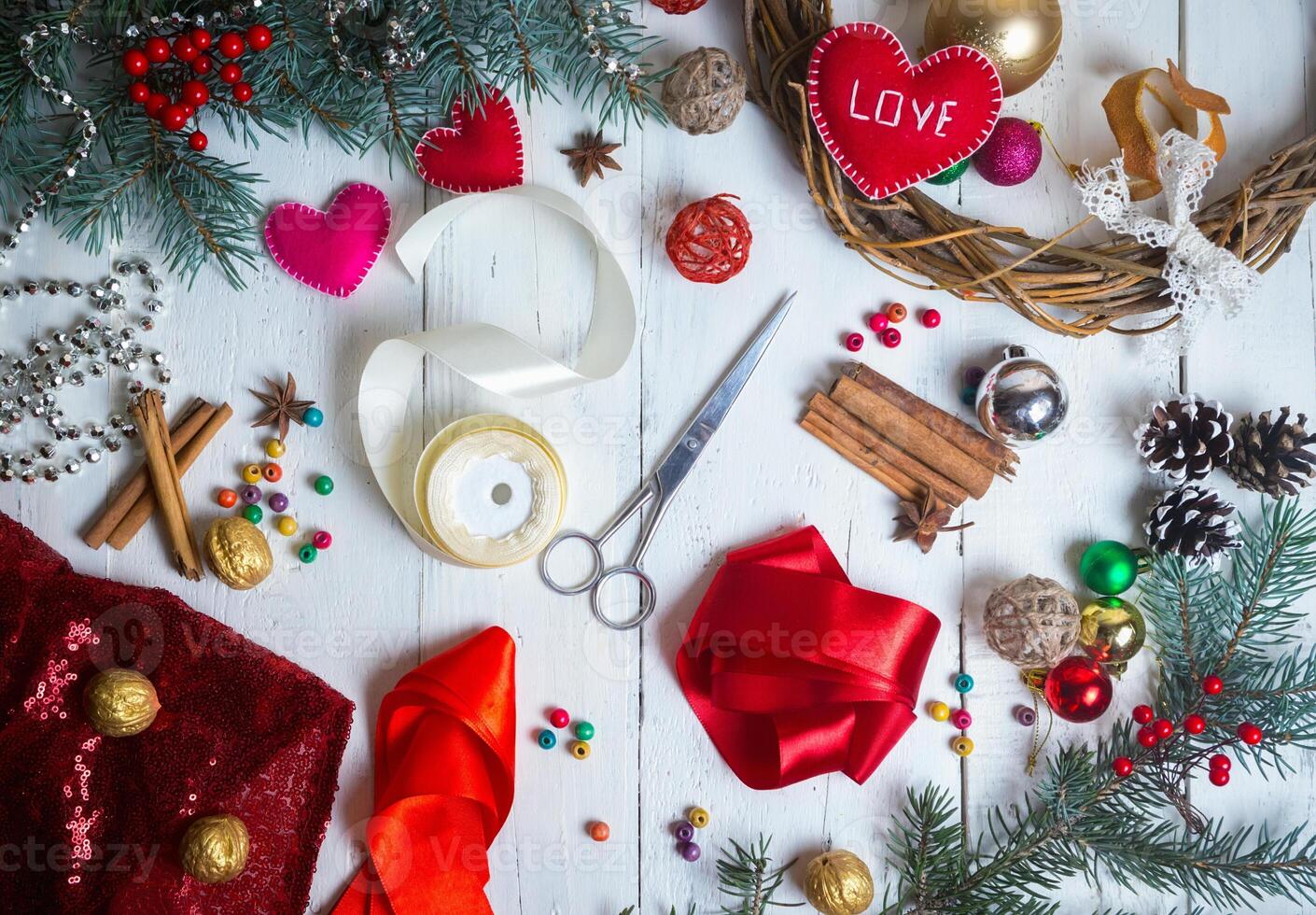 Valentines day, christmas handmade or wedding decorations. paint and diy tools on white wood. top view photo