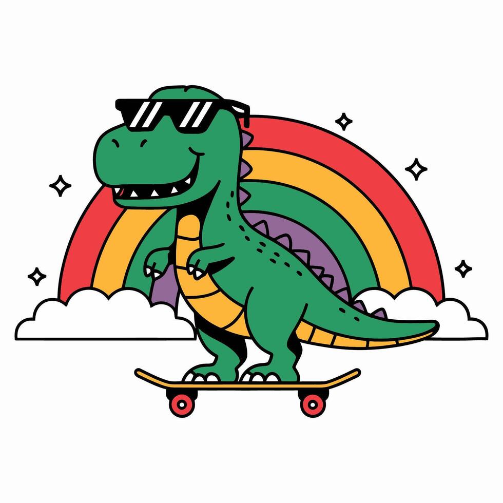 Skateboarding Dinosaur with Rainbow and Sunglasses Illustration vector