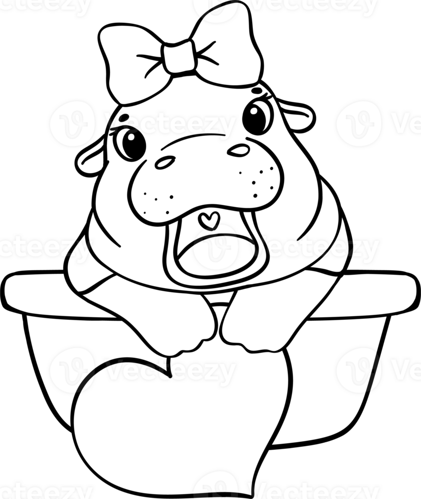 Girly Valentine Pygmy Hippo in bathtub with heart Coloring image png