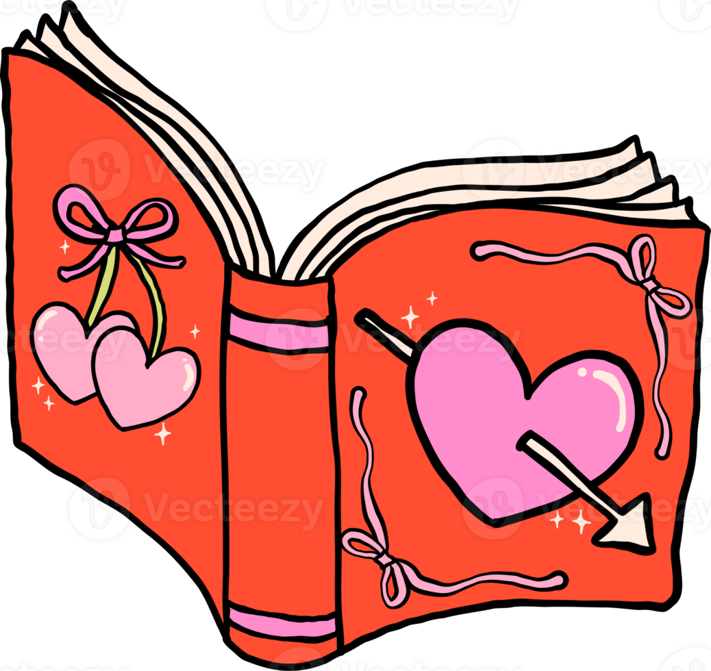 Retro Valentine Bookish Open Red Book Hand Drawn png