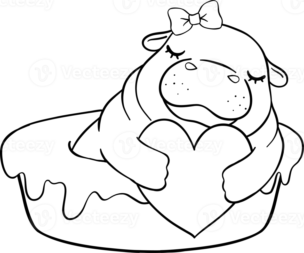 Cute Valentine Pygmy Hippo Sleeping with Heart Candy Coloring image png