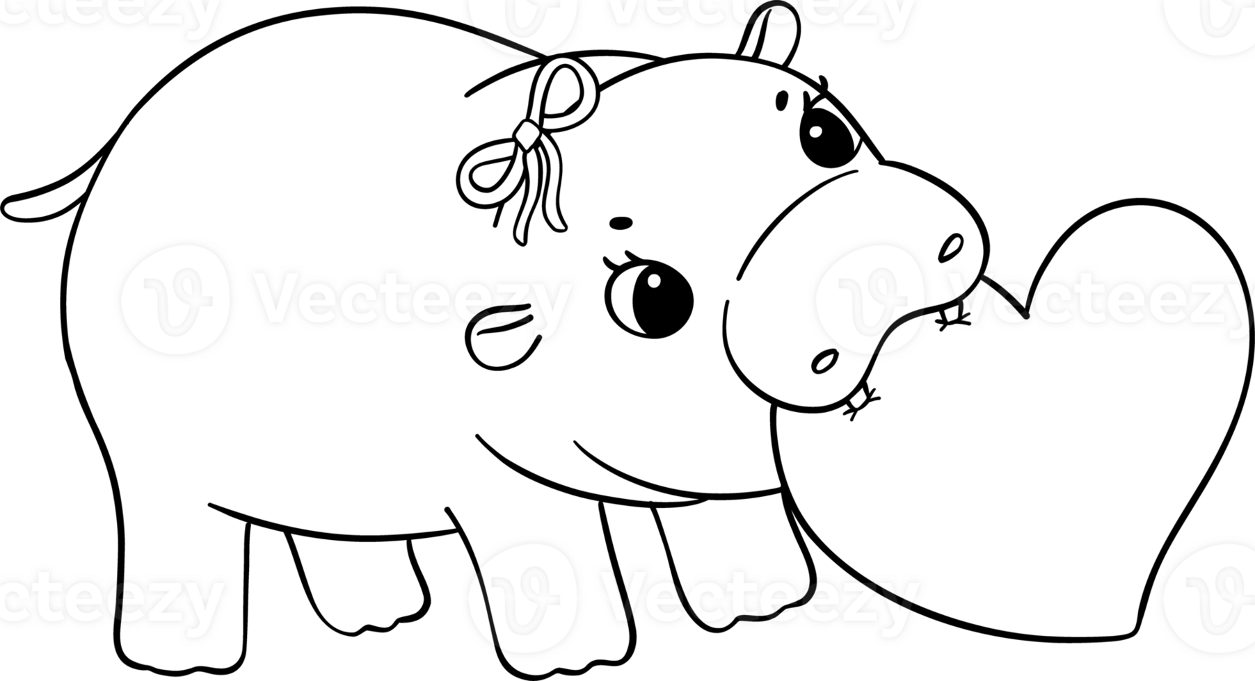Cute Valentine Moo Deng Pygmy Hippo bites heart Coloring image png