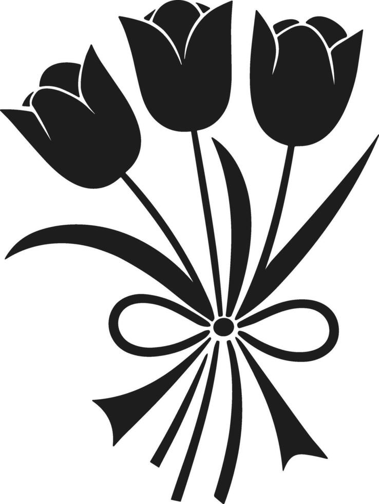 Elegant Black Tulip Bouquet Silhouette Tied with Ribbon in Minimalist Style vector