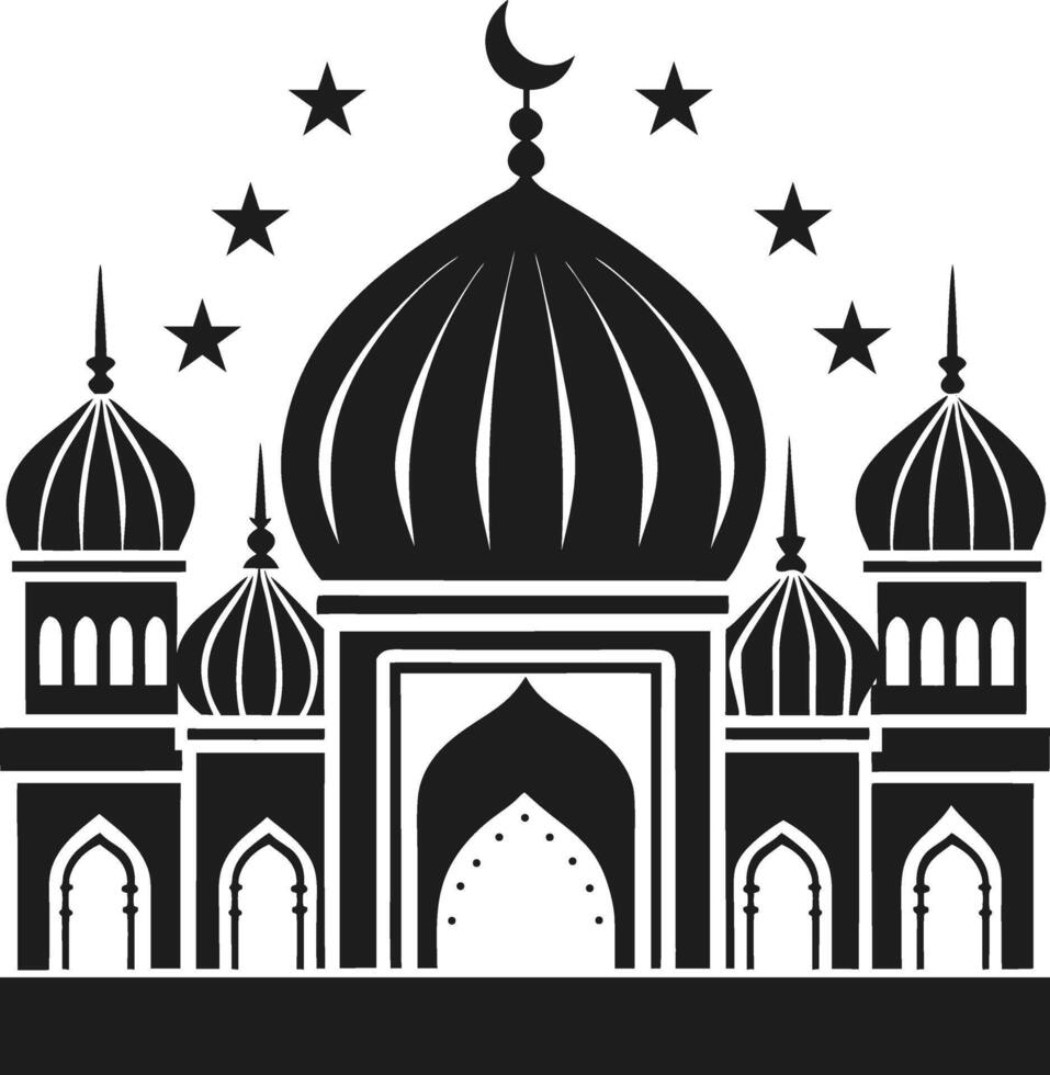 Islamic Mosque Silhouette with Crescent Moon and Stars for Ramadan and Eid Design vector
