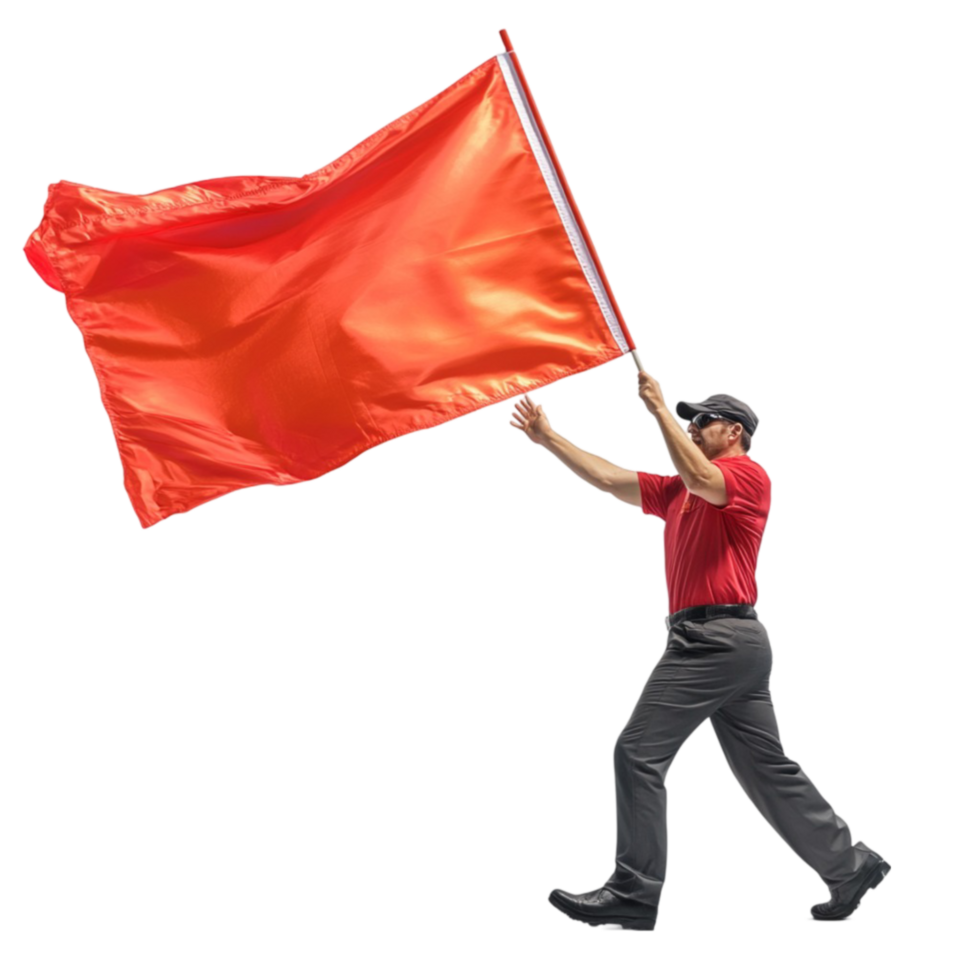 man holding a red flag on a transparent background png