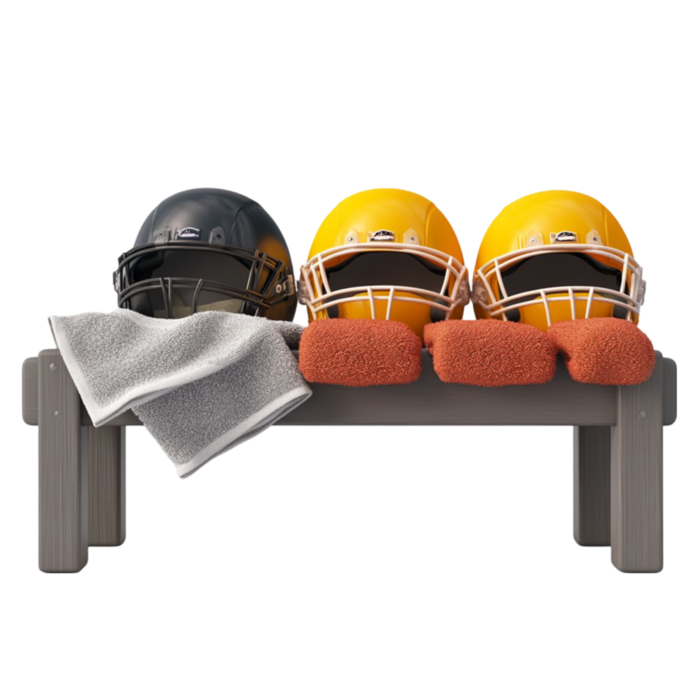 Bench with Three Football Helmets and a Towel png