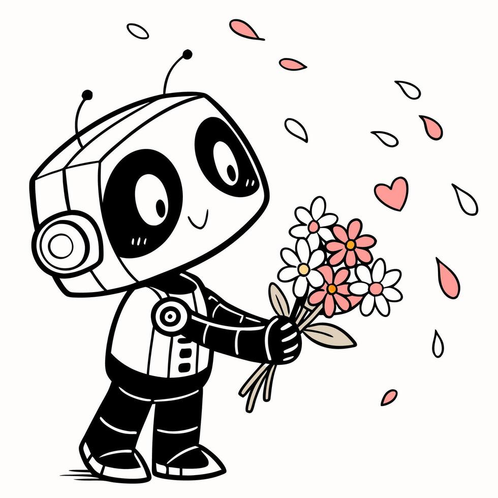 Cute cartoon robot holding flowers vector
