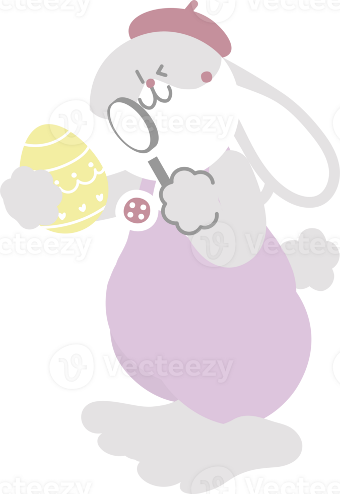 happy easter festival with animal pet bunny rabbit use magnifying glass to analyzing egg, pastel color png