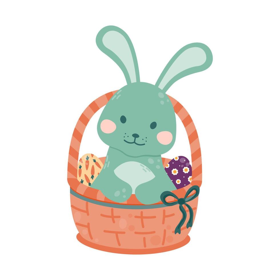Bunny is sitting in a wicker basket with colorful Easter eggs. vector
