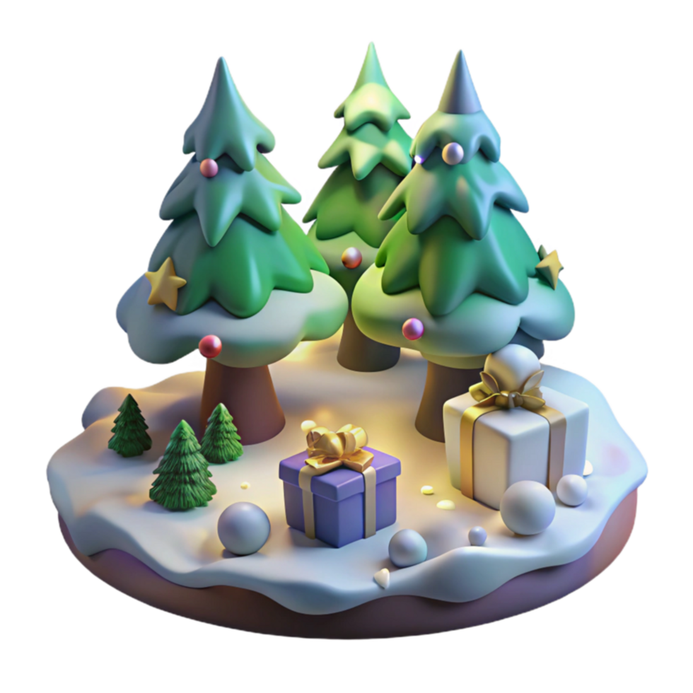 Festive Winter Scene 3D Render of Christmas Trees and Gifts png